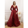 Dlhé luxusné bordové plus size šaty s čipkou a kamienkami