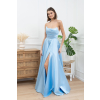 Bledomodré dlhé saténové spoločenské šaty s vreckami