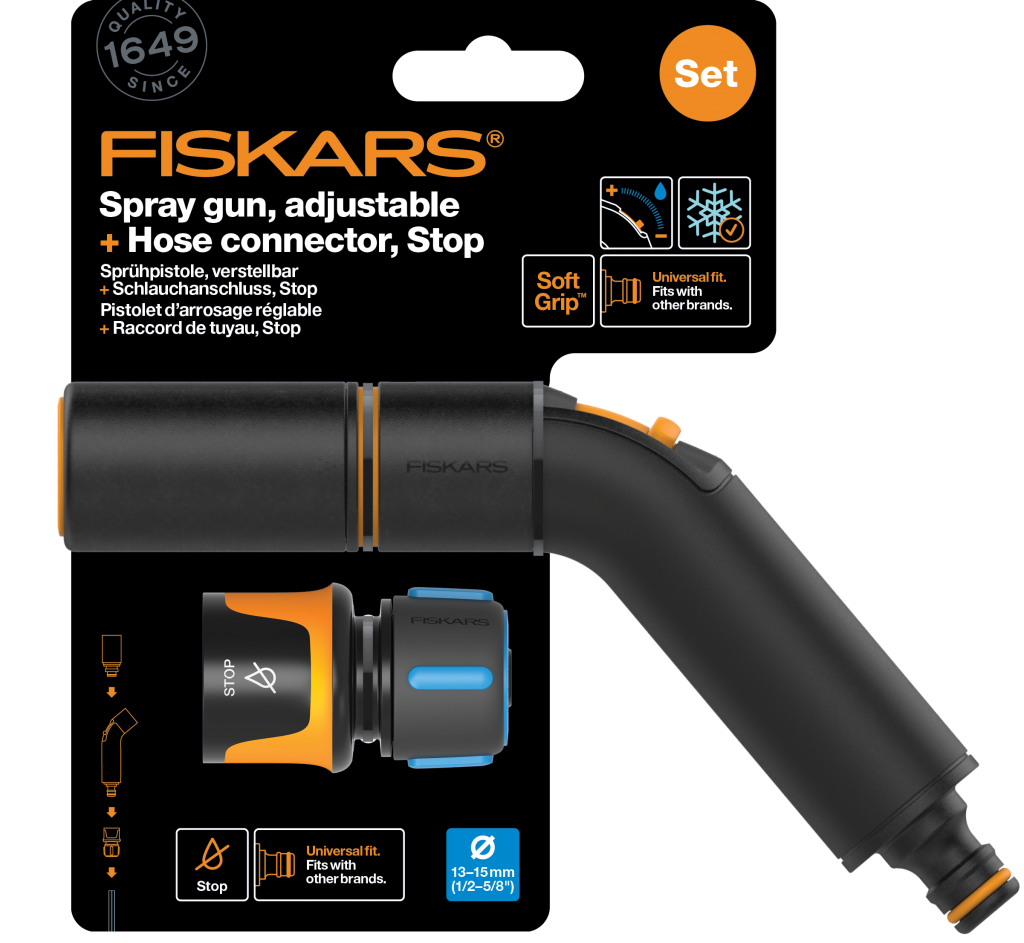 FISKARS Comfort set - nastaviteľná zavlažovacia pištoľ + hadicová spojka Comfort STOP 1/2