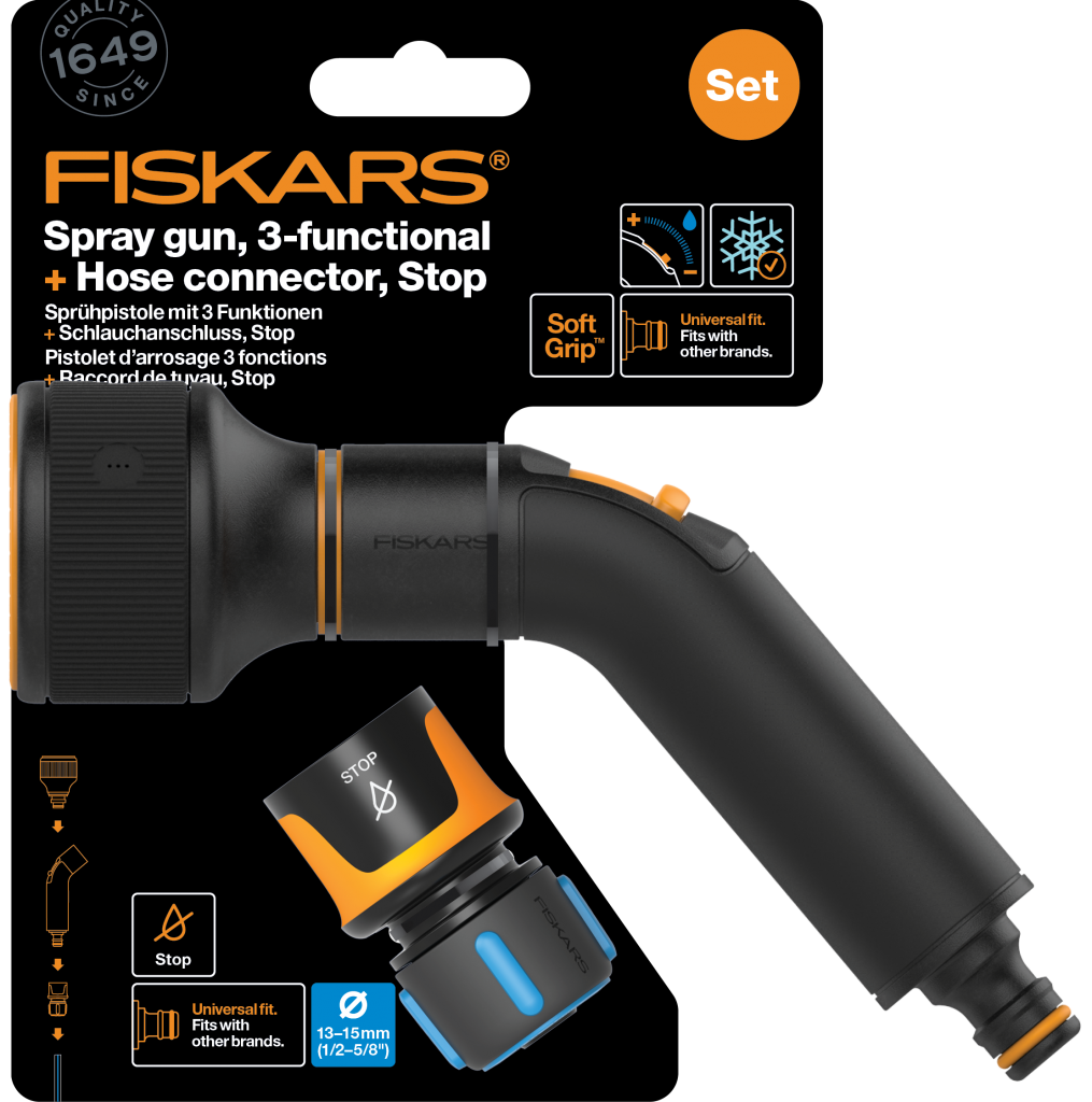 FISKARS Comfort set - zavlažovacia pištoľ s 3 funkciami s rýchlospojkou Comfort STOP 1/2