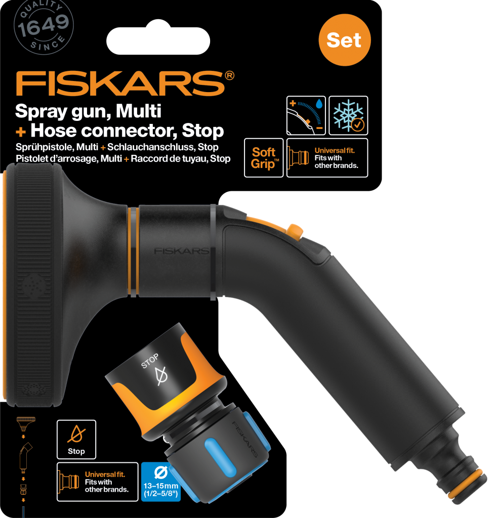 FISKARS Comfort set - zavlažovacia pištoľ multi s rýchlospojkou Comfort STOP 1/2