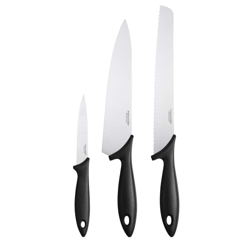FISKARS Essential sada základní - nůž okrajovací, nůž kuchyňský, nůž na chléb a pečivo