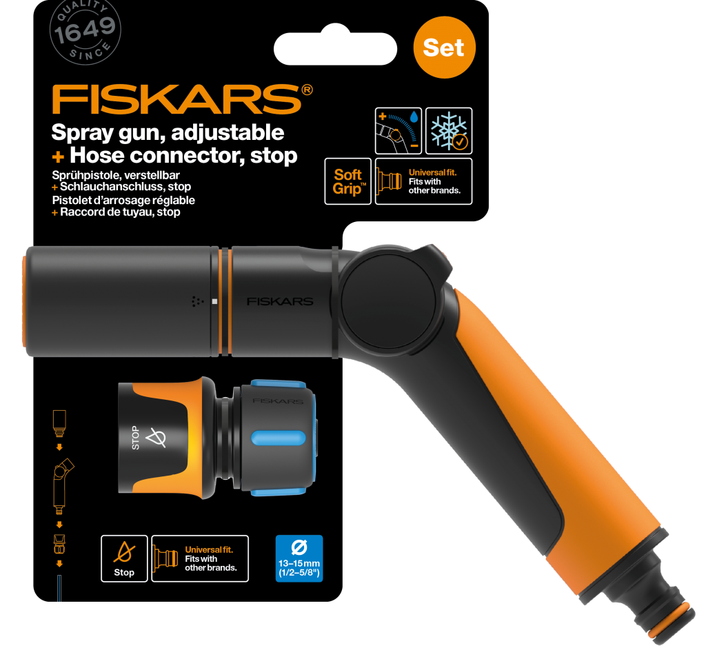 FISKARS Sada zavlažovacej pištole nastaviteľná + rýchlospojka hadice 13 mm STOP
