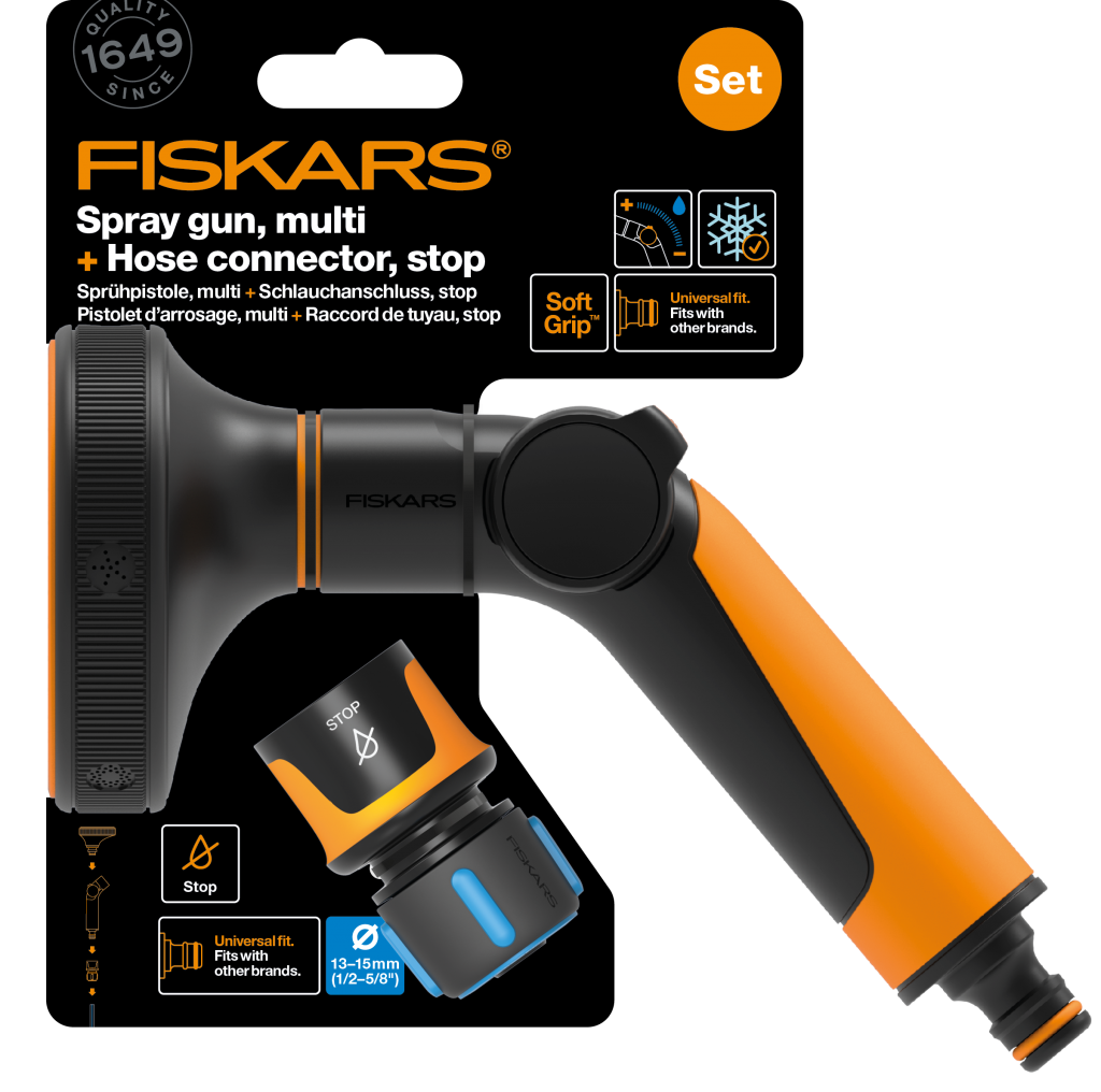 FISKARS Sada zavlažovacej pištole multi + rýchlospojka hadice 13 mm STOP