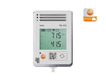 testo 162 IAQ - Online záznamník s displejem a integrovanými senzory teploty, vlhkosti, CO2 a atmosférického tlaku.