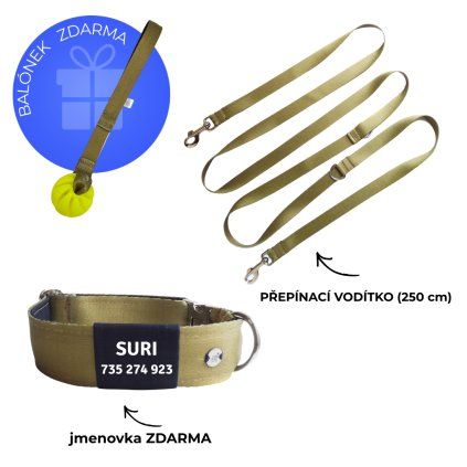 khaki obojek se jmenem a vodítkem