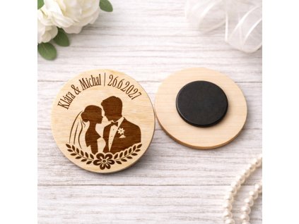 Dřevěná svatební magnetka - nevěsta a ženich