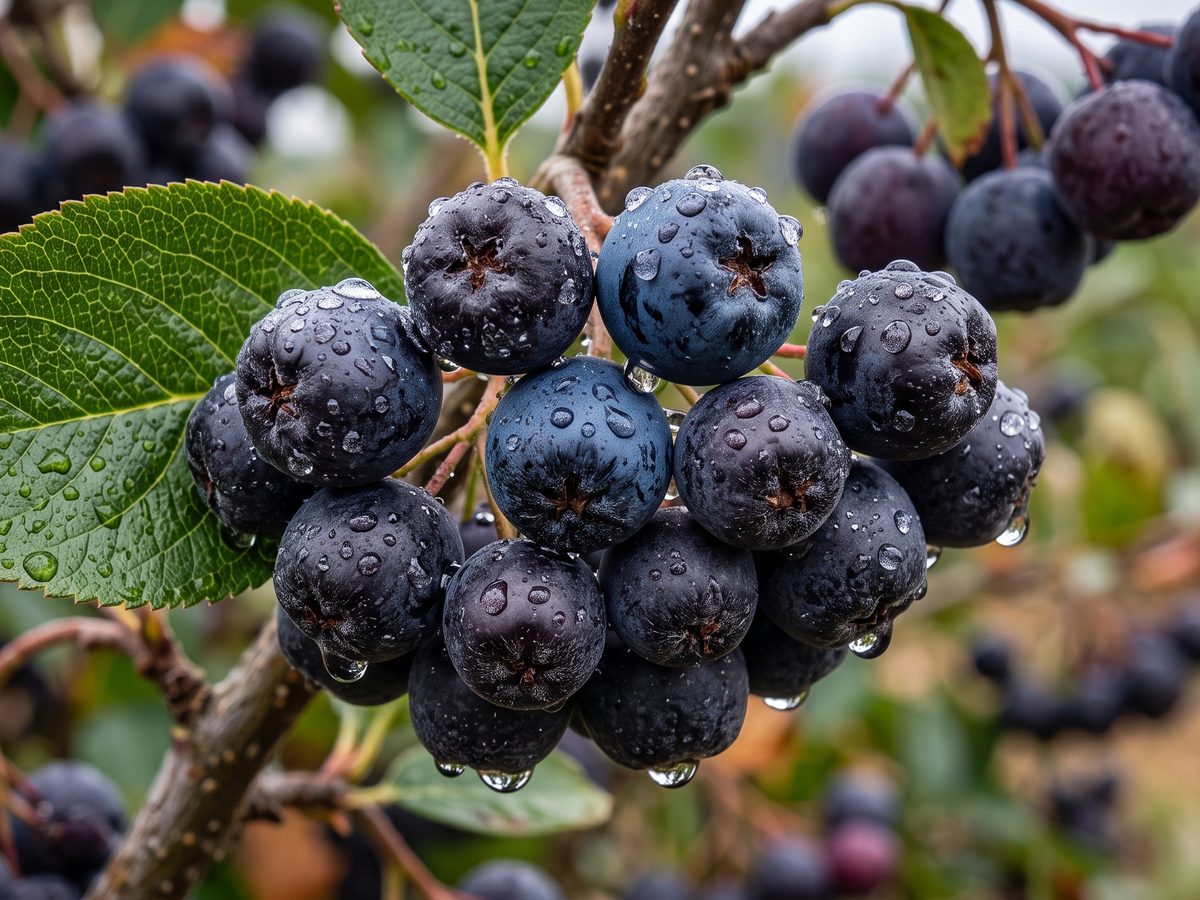 Plody arónie čiernoplodej na kríku, BIO plantáž ZAMIO