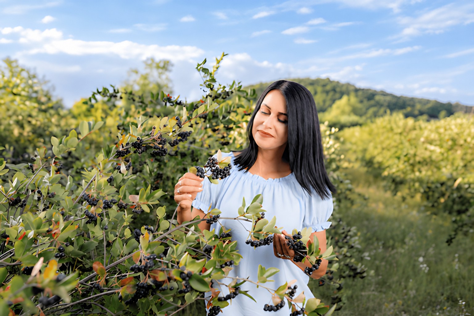 Ing. Lucia Harmociová medzi kríkmi arónie na plantáži ZAMIO