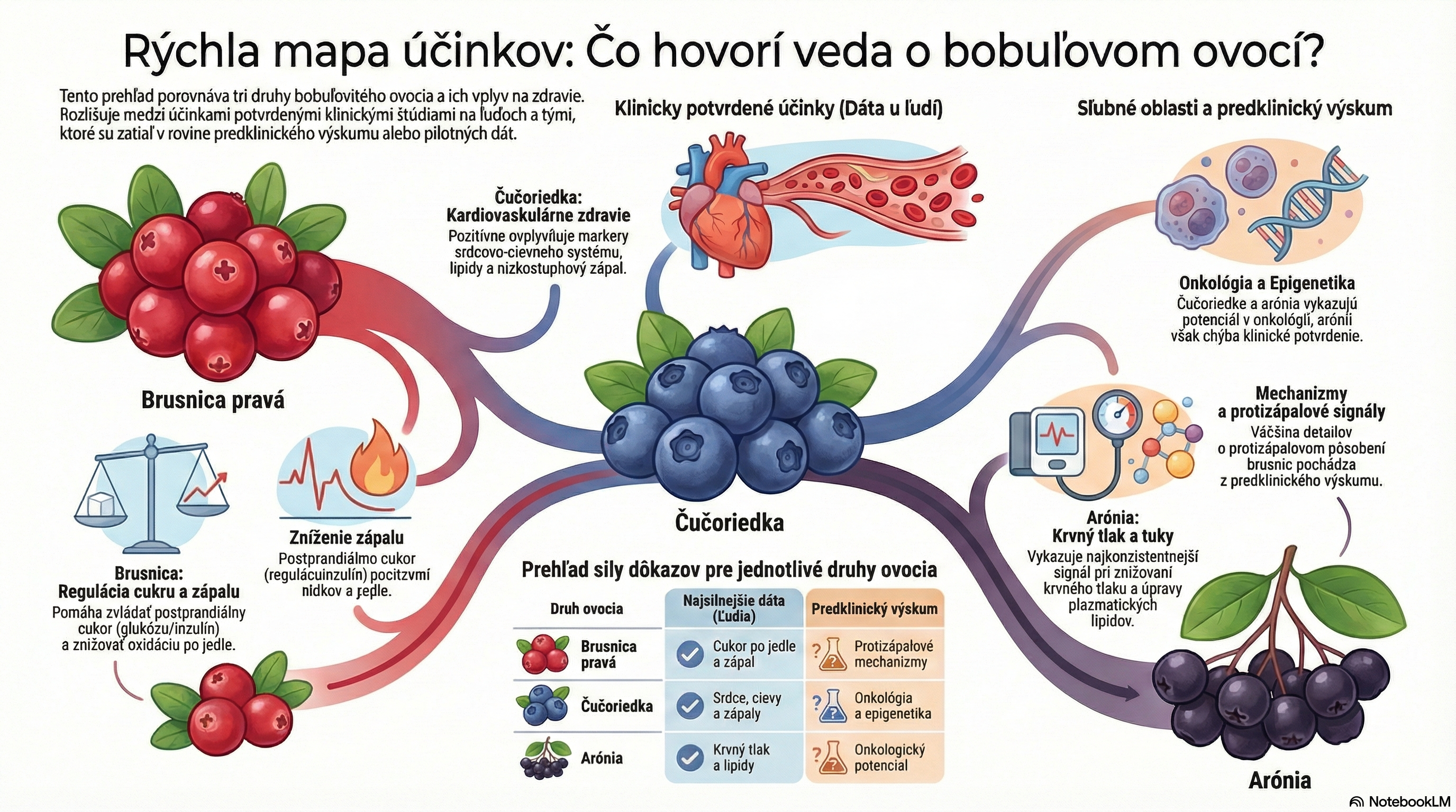 Rýchla mapa účinkov arónie, čučoriedky a brusnice podľa klinického a predklinického výskumu