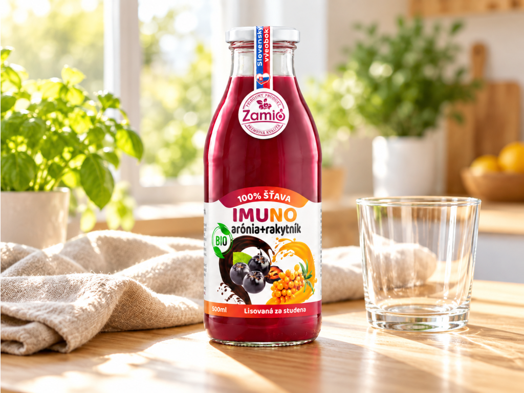 Imuno BIO arónia a rakytník 100 % šťava v sklenenej fľaši 500 ml