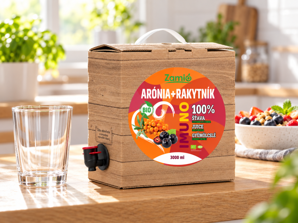 Imuno BIO arónia a rakytník 100 % šťava, balenie Bag-in-Box 3 l
