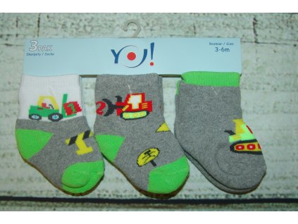 Ponožky YO! 3 páry kluk zelená bílá stroje 3-6 měsíců