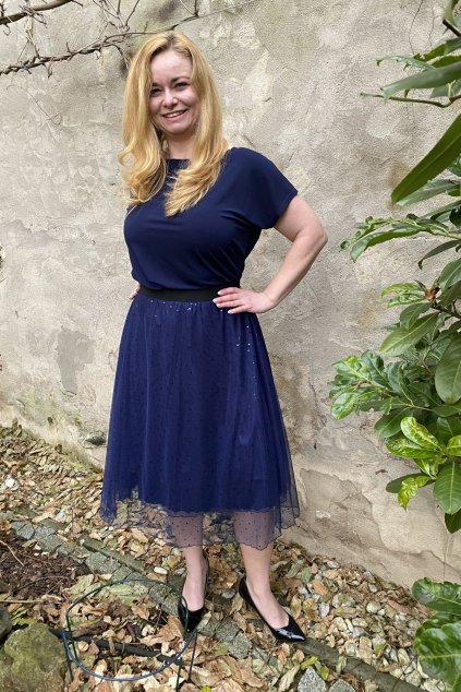 MIDI sukně - tylová - modré srdíčka