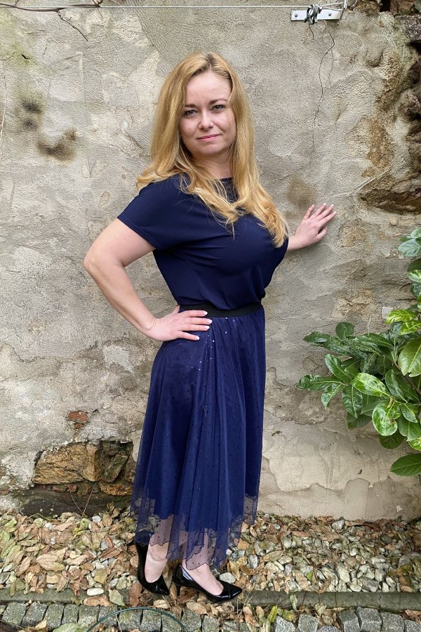 MIDI sukně - tylová - modré srdíčka