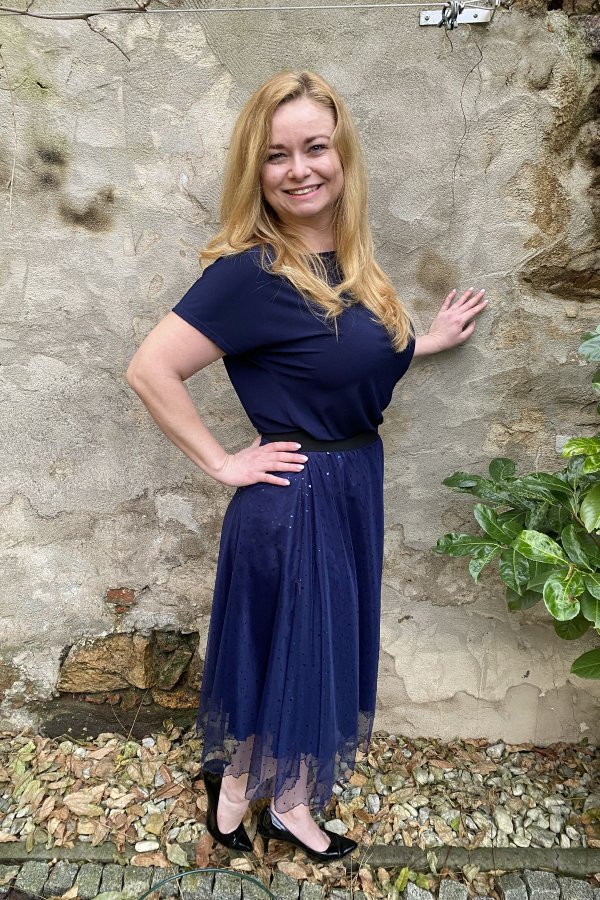 MIDI sukně - tylová - modré srdíčka