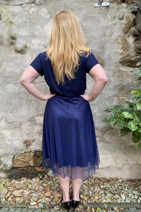 MIDI sukně - tylová - modré srdíčka