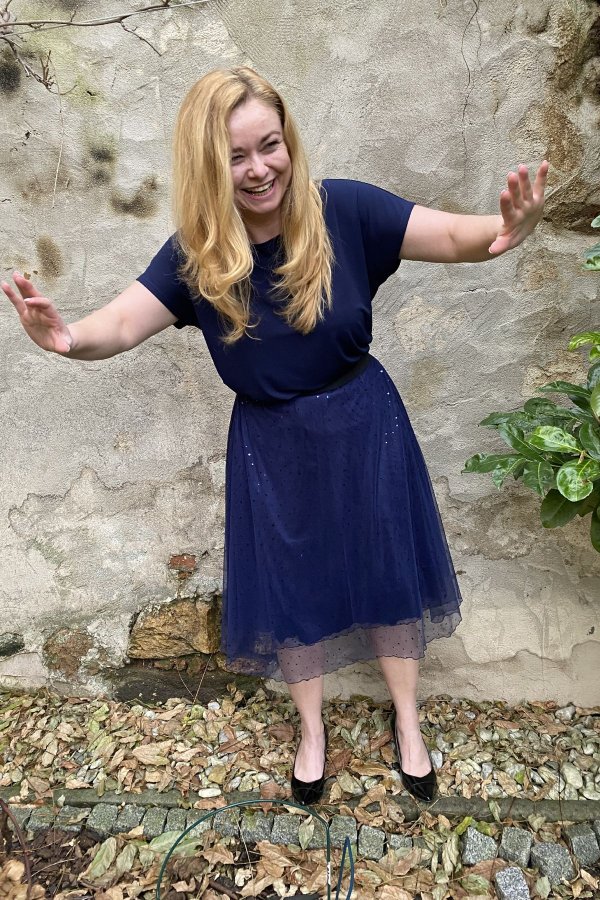 MIDI sukně - tylová - modré srdíčka