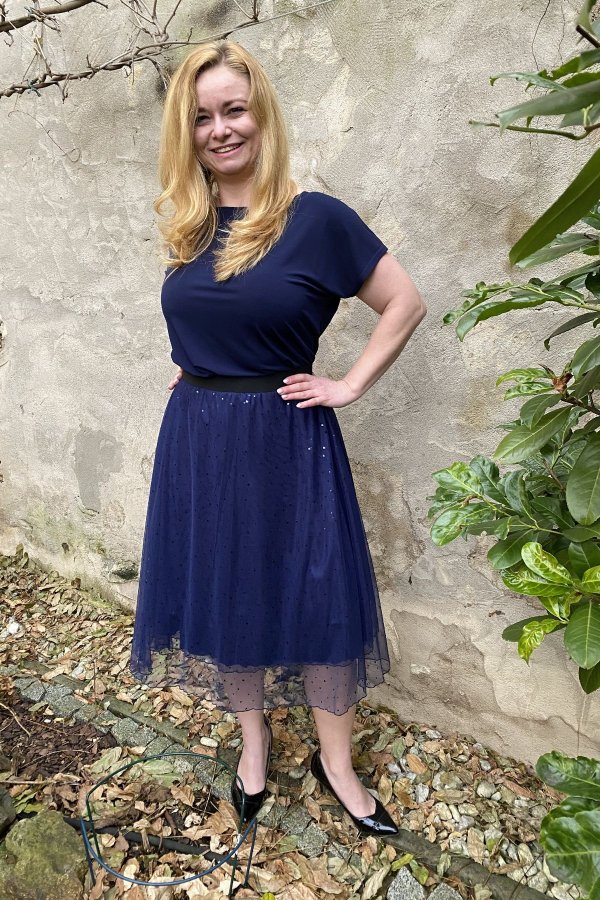 MIDI sukně - tylová - modré srdíčka