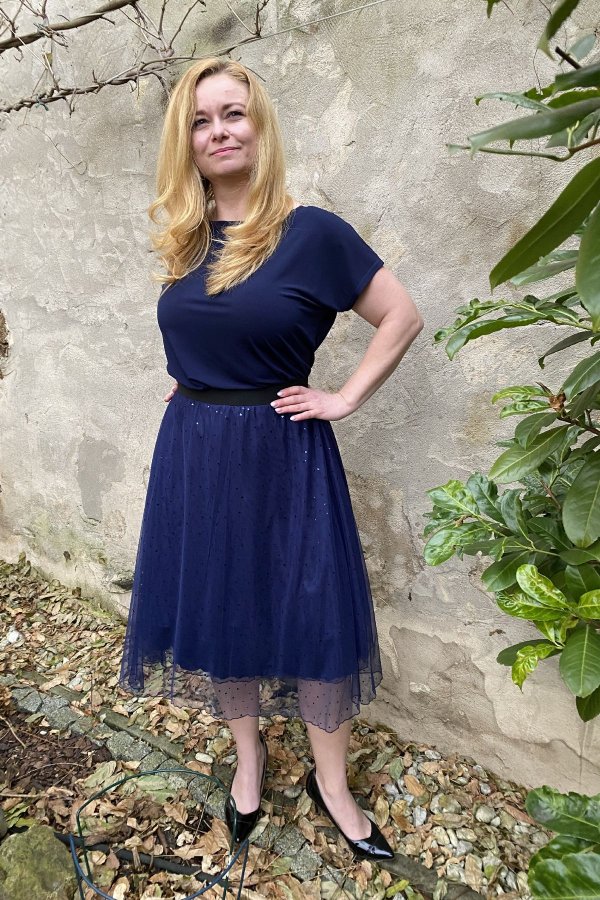 MIDI sukně - tylová - modré srdíčka