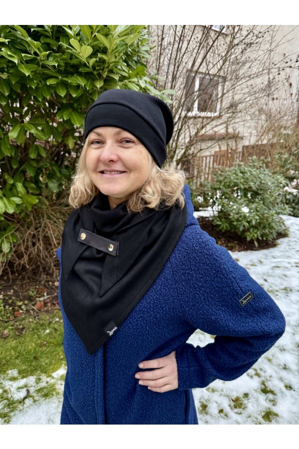 SET - šátek a čepice - černý pleteninový