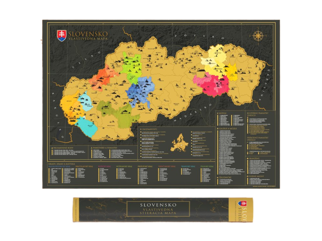 Stírací mapa Slovensko, 84,1 x 59,4 cm – vlastivědná