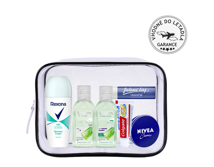 Lilien sprchový krém 50 ml + Lilien šampon 50 ml + • Dove antiperspirant 50 ml + Colgate zubní pasta 20 ml + NIVEA krém 30 ml + Jelení lůj 2,3 g Dárk…