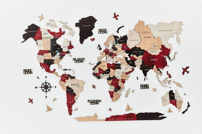 E-shop B2B Drevená mapa sveta na stenu, 3D Farba: Červená, Veľkosť: M
