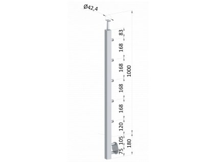 Nerezový stĺp, bočné kotvenie, 5 radový priechodný, vnútorný, vrch pevný(40x40mm), brúsená nerez K320 /AISI304