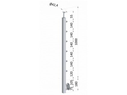 Nerezový stĺp, bočné kotvenie, 6 radový priechodný, vnútorný, vrch pevný (40x40mm), brúsená nerez K320 /AISI304
