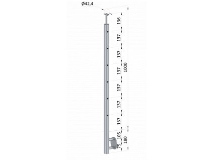 Nerezový stĺp, bočné kotvenie, 6 dierový priechodný, vrch pevný (ø 42.4x2mm), brúsená nerez K320 /AISI316