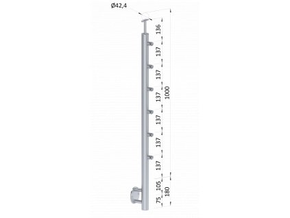 Nerezový stĺp, bočné kotvenie, 6 radový priechodný, vonkajší, vrch pevný, (ø 42.4x2mm), brúsená nerez K320 /AISI304