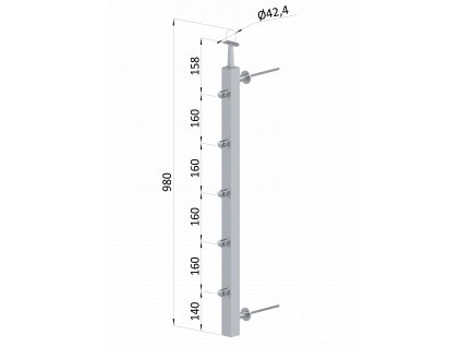 Nerezový stĺp na francúzsky balkón, bočné kotvenie, 5 radový pravý, vrch pevný, (40x40x2.0mm), brúsená nerez K320 /AISI304