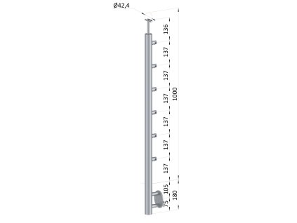 Nerezový stĺp, bočné kotvenie, 6 radový priechodný, vnútorný, vrch pevný (ø 42.4x2mm), brúsená nerez K320 /AISI316