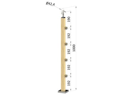 Drevený stĺp, vrchné kotvenie, 4 radový, priechodný, vrch nastaviteľný (40x40mm), materiál: buk, brúsený povrch s náterom BORI (bezfarebný)
