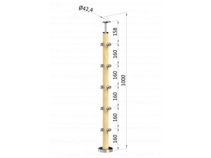 Drevený stĺp, vrchné kotvenie, 5 radový, rohový: 90°, vrch pevný (ø 42mm), materiál: buk, brúsený povrch s náterom BORI (bezfarebný)