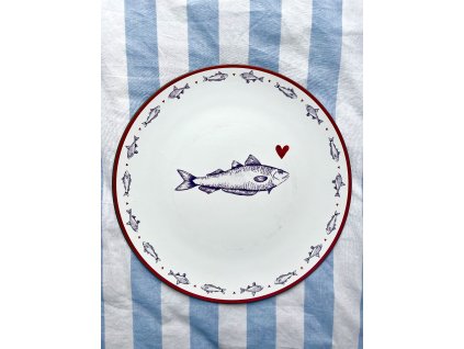 Bílo-modrý servírovací talíř s rybkou