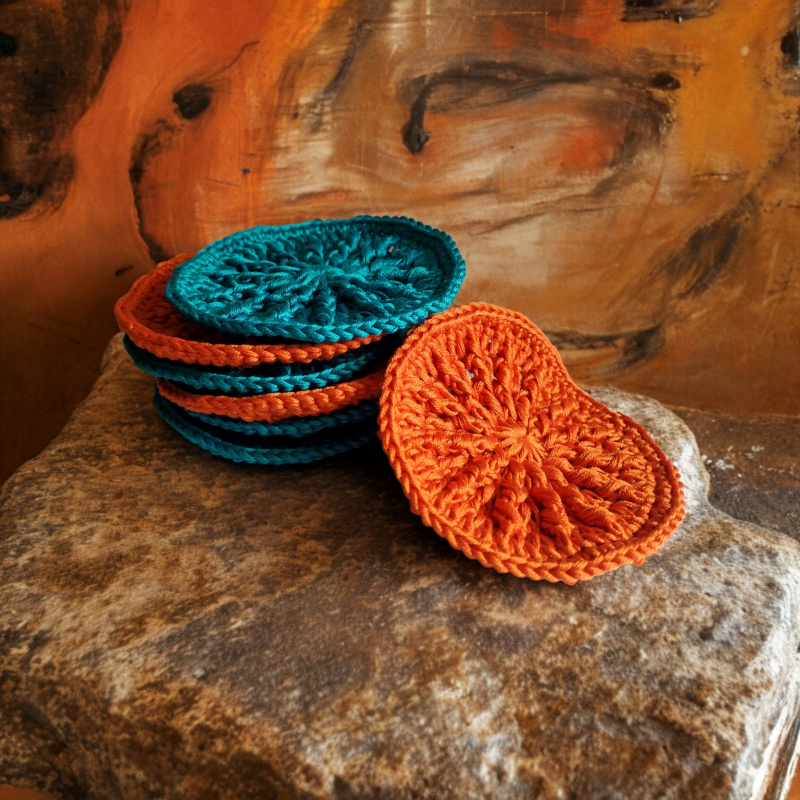 odlicovaci tampon cistici pletovy hackovany zero waste eco friendly cotton bavlna petrol orange