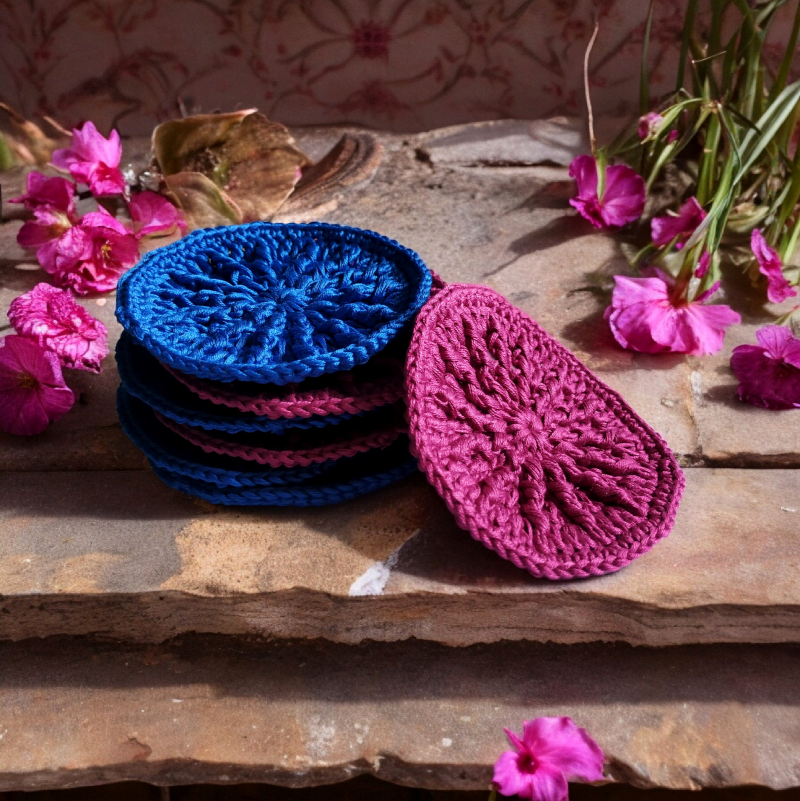 odlicovaci tampon cistici pletovy hackovany zero waste eco friendly cotton bavlna royal blue viva magenta