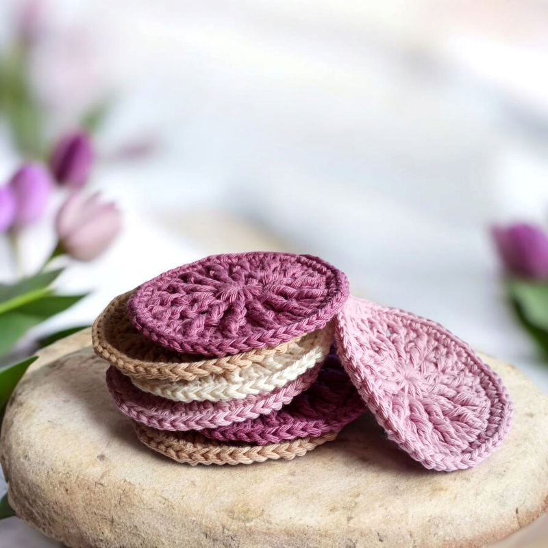 odlicovaci hackovany tampon zero waste eco friendly bavlna fialkova magnolia nugat hneda bezova tulipan