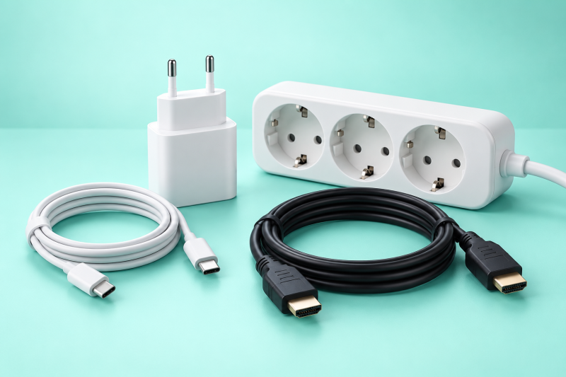 USB-C kábel, nabíjačka, HDMI kábel a predlžovačka