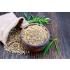 hemp flour clay bowl grain bag table cannabis leaf background wooden boards