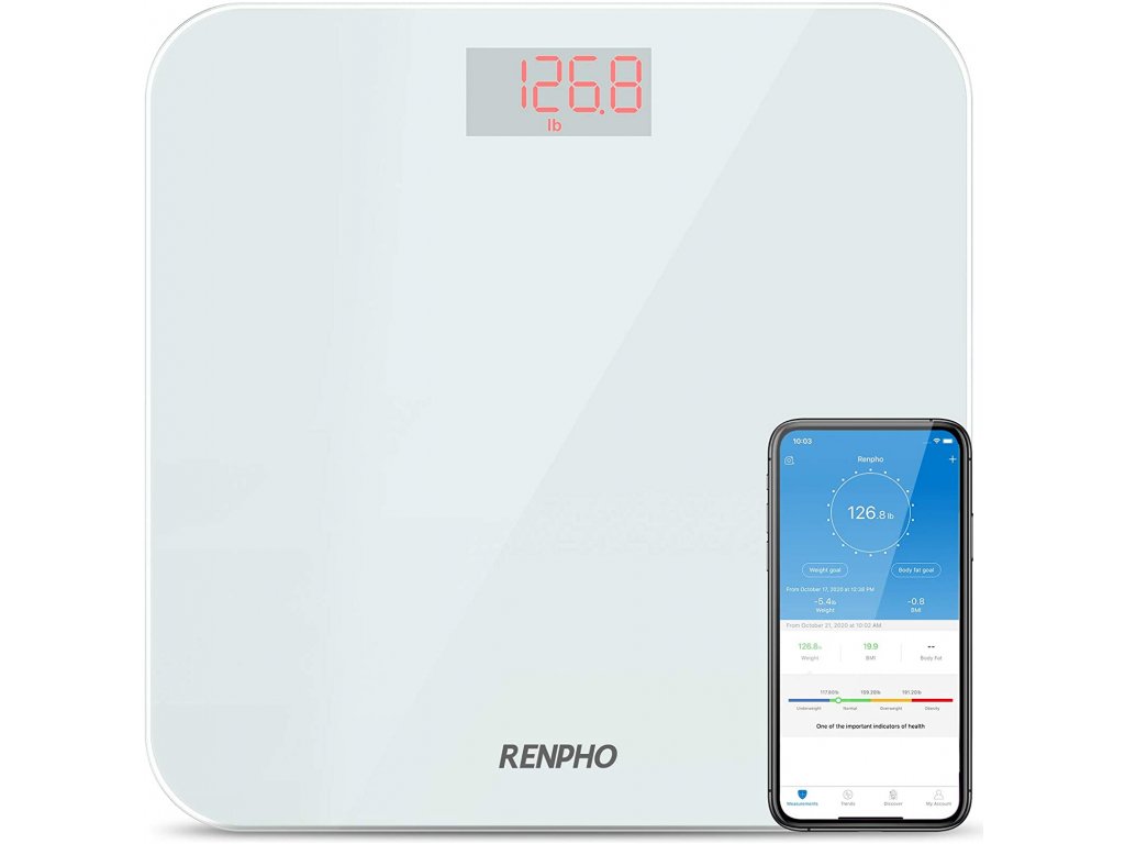 Koupelnové váhy RENPHO Bluetooth BMI, digitální váha tělesné hmotnosti s vysoce přesnými senzory a aplikace pro smartphone - bílá