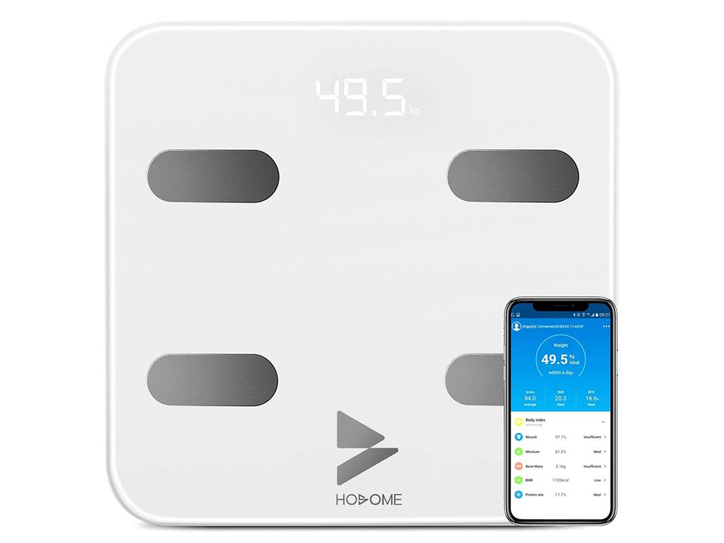 Bluetooth osobní váha Yuanguo Hosome s aplikací a 17 tělesnými údaji: tělesný tuk, BMI, BMR, hmotnost, svalovou hmotu, vodu, bílkoviny, do 180 kg