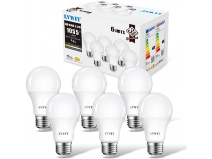 LVWIT Daylight LED E27 šroubové ES žárovky, 9,5W A60 studené bílé žárovky, 6ks
