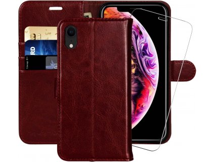 Kožený kryt na mobilní telefon MONASAY s držákem na kreditní karty pro Apple iPhone XR [Včetně ochranného krytu skla] PR1