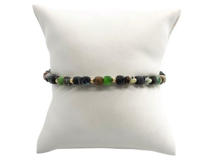 Náramek - tyrkys africký a zlaté kuličky, černá šňůrka, 4,57 g, Au 585 0,49 g