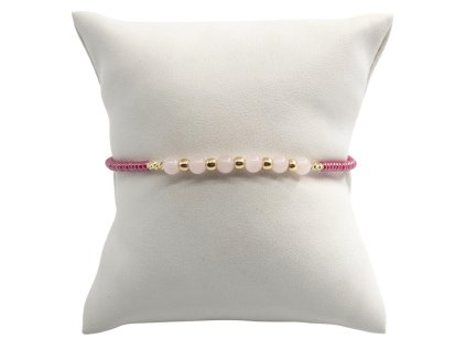 Náramek - růženín, korálky a zlaté kuličky, růžová šňůrka, 2,18 g, Au 585 0,46 g