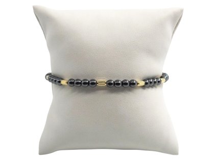 Náramek - hematit a zlaté válečky, černá šňůrka, 6,75 g, Au 585 0,45 g