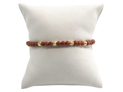 Náramek - avanturín zlatý a zlaté kuličky, hnědá šňůrka, 3,90 g, Au 585 0,48 g